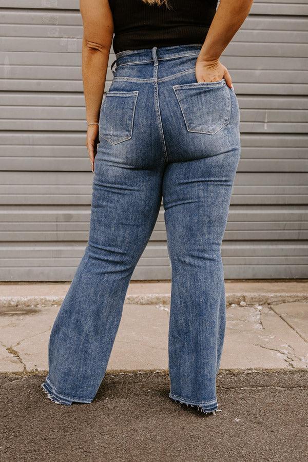 Risen The Laura High Waist Distressed Flare In Dark Wash Curves Product Image