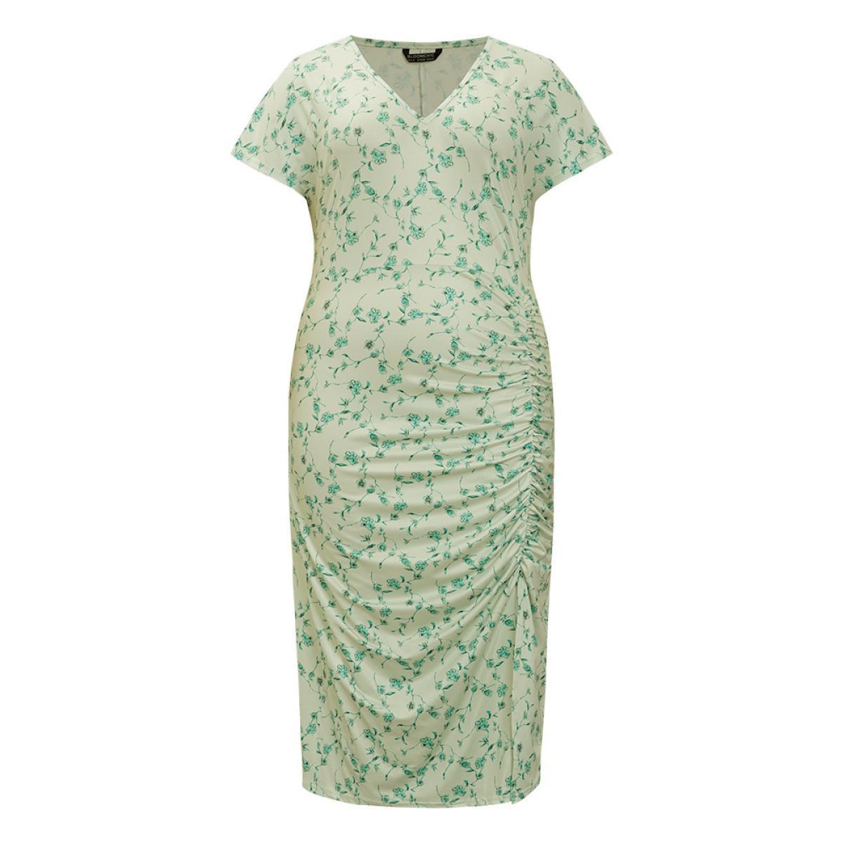 Plus Size Floral Printed Split Hem Cap Sleeve Ruched Dress Mint Women Glamour Slit V-neck Cap Sleeve Curvy Midi Dress BloomChic 14-16/1X Product Image