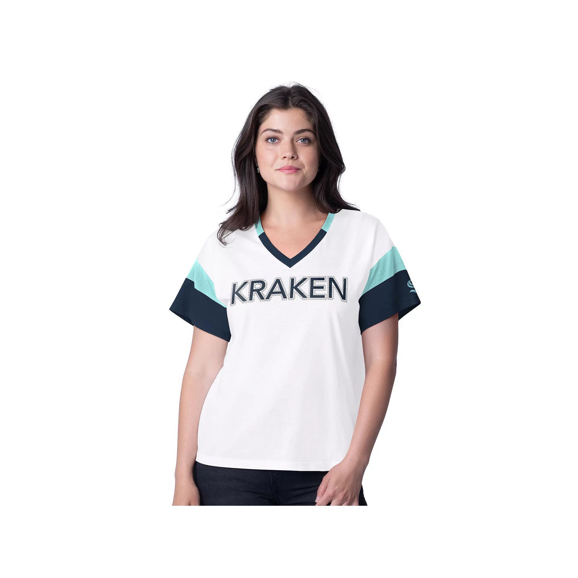 Women's G-III 4Her by Carl Banks  White Seattle Kraken Rink Oversized Rhinestone V-Neck T-Shirt, Size: Large, Krk White Product Image