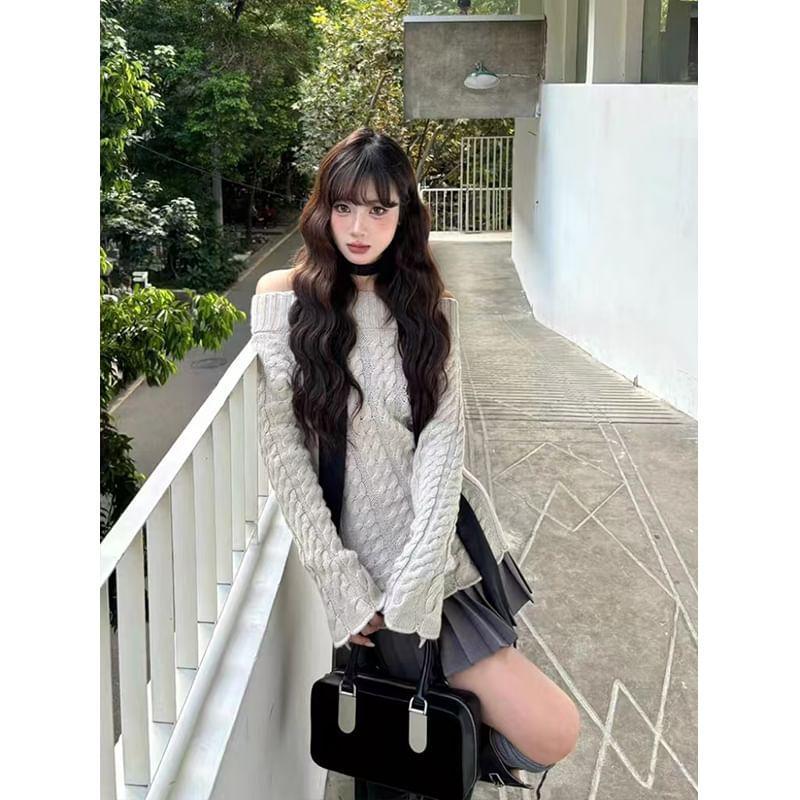 Off-Shoulder Plain Cable Knit Sweater / High Rise Plain Pleated Mini A-Line Skirt Product Image