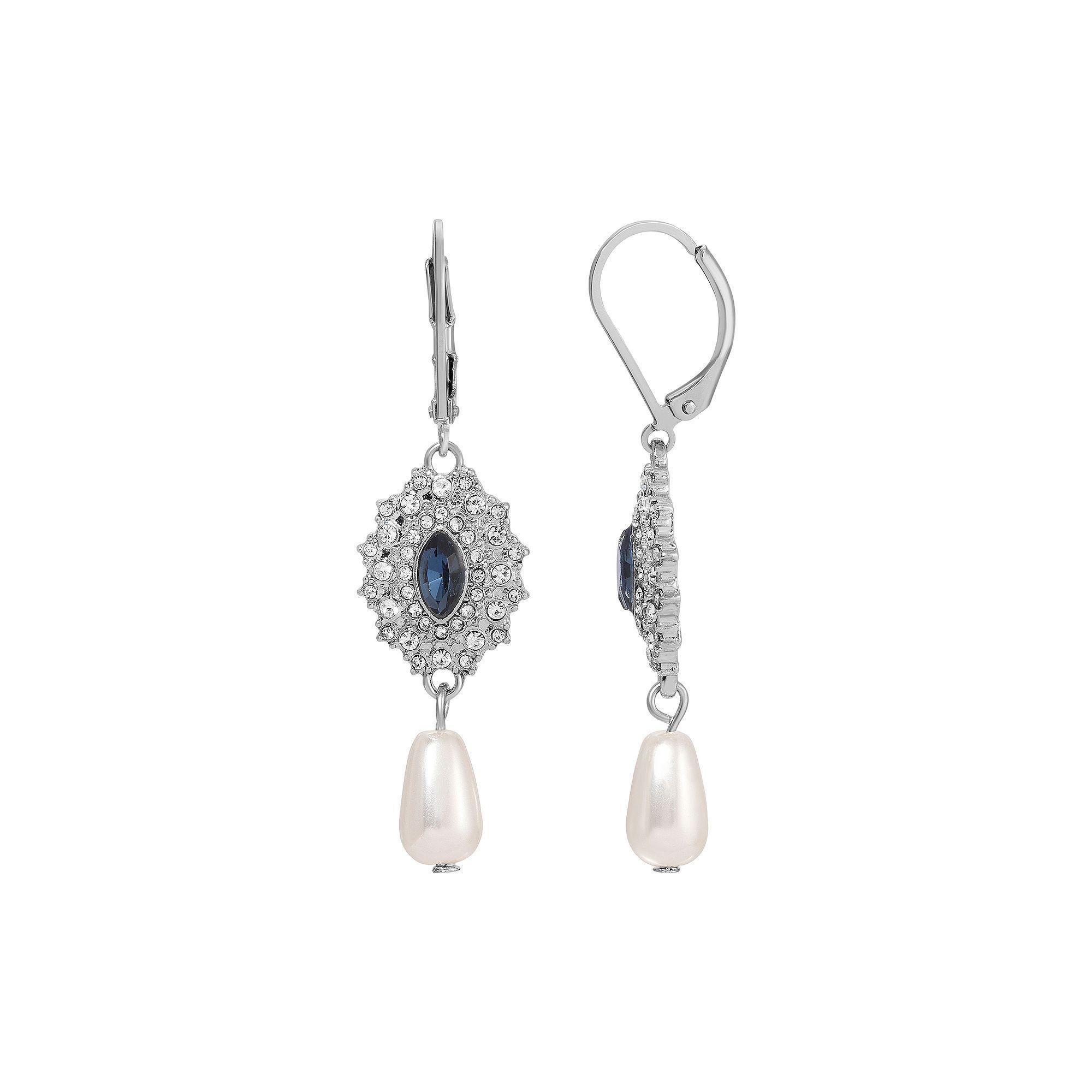 1928 Silver Tone Crystal & Simulated Pearl Starburst Drop Earrings, Women's, Red Product Image