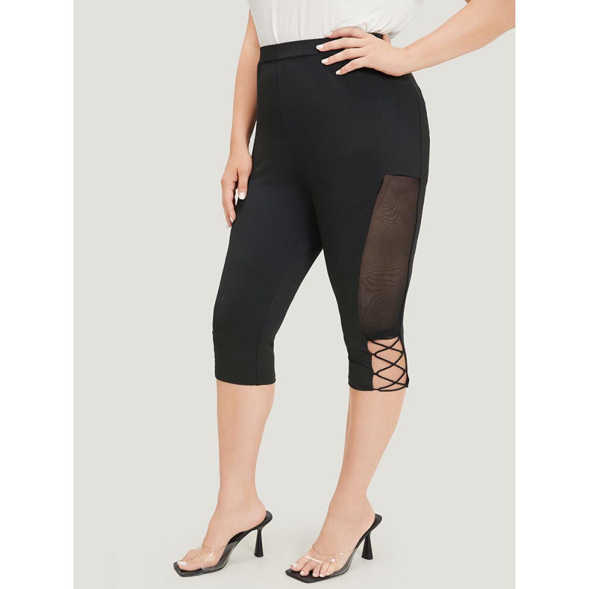 Plus Size Plain Crisscross Mesh Patchwork Cropped Leggings Women Black Elegant High stretch Skinny High Rise Dailywear Leggings BloomChic 18-20/2X Product Image