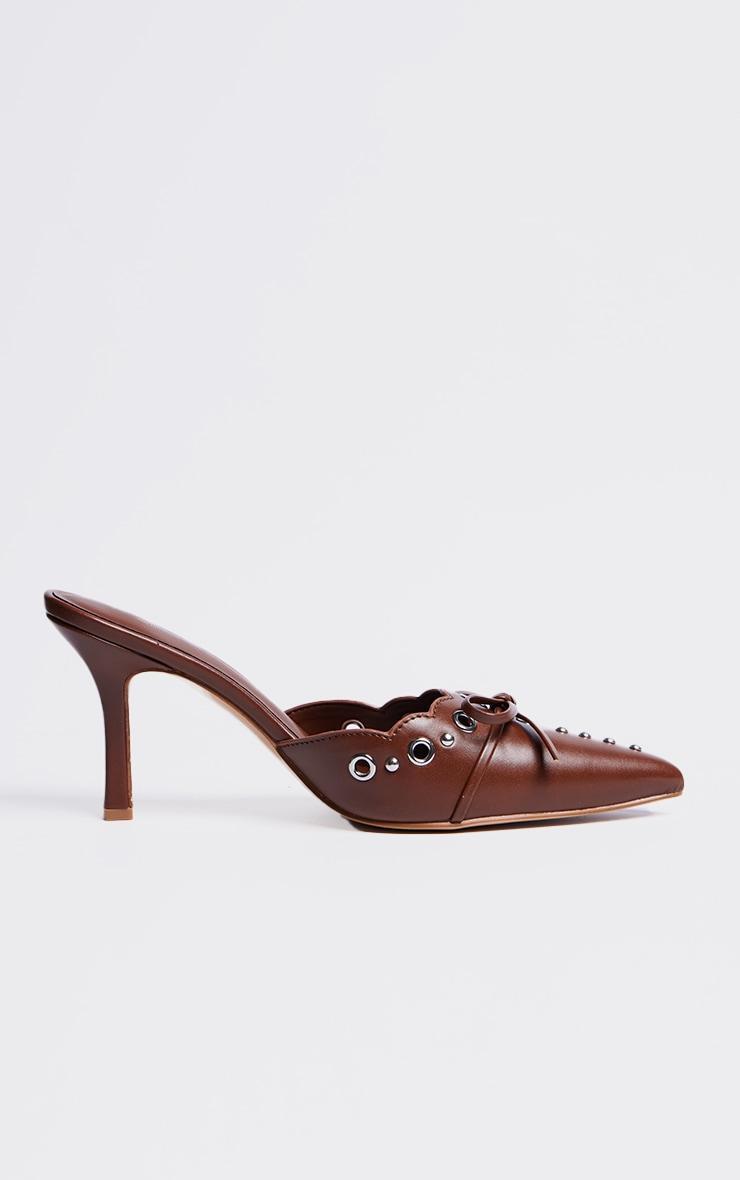 Wide Fit Brown PU Point Toe Bow Detailed Heeled Mules Product Image