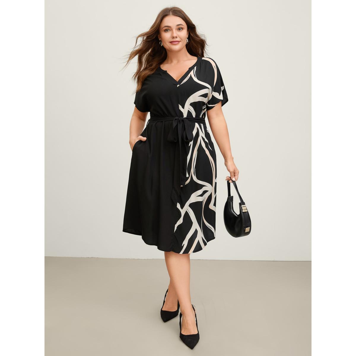 Plus Size Abstract Contrast Curvy Hem Belted Midi Dress Black Women Flat collar with V-notch Sleeveless Curvy BloomChic 28/5X Product Image