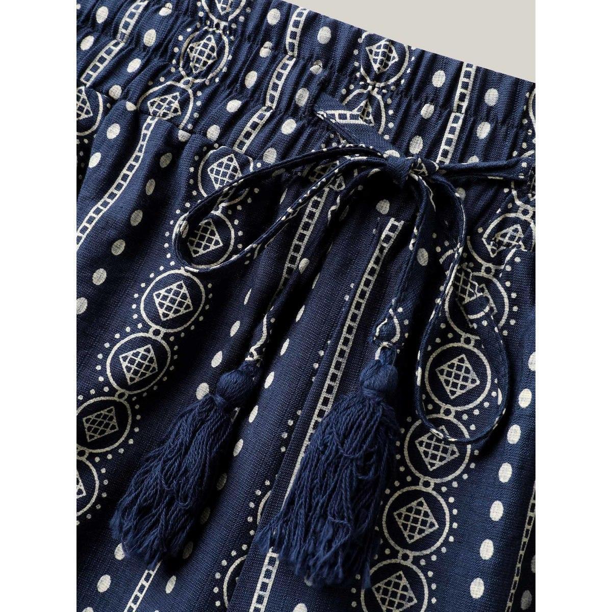 Plus Size Boho Stripe Tassel Wide-Leg Pants Women Indigo Resort Straight Leg Mid Rise Vacation Pants BloomChic 28/5X Product Image