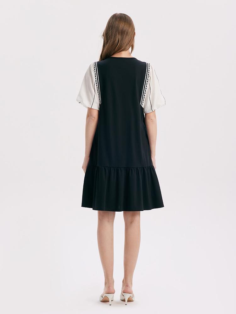A-Shape Patchwork Puff Sleeve Mini Dress Product Image