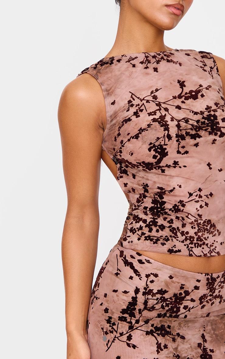 Mauve Floral Print Devore Mesh Backless Top Product Image