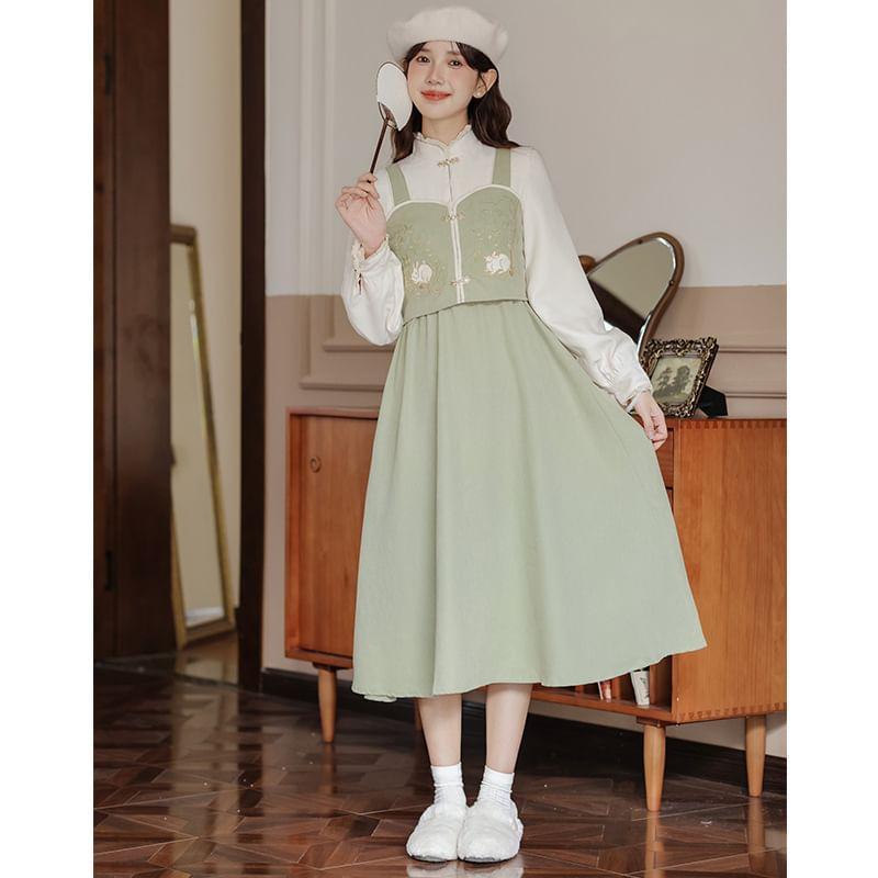 Mock Two-Piece Puff-Sleeve Stand Collar Rabbit Embroidered Midi Dress Product Image