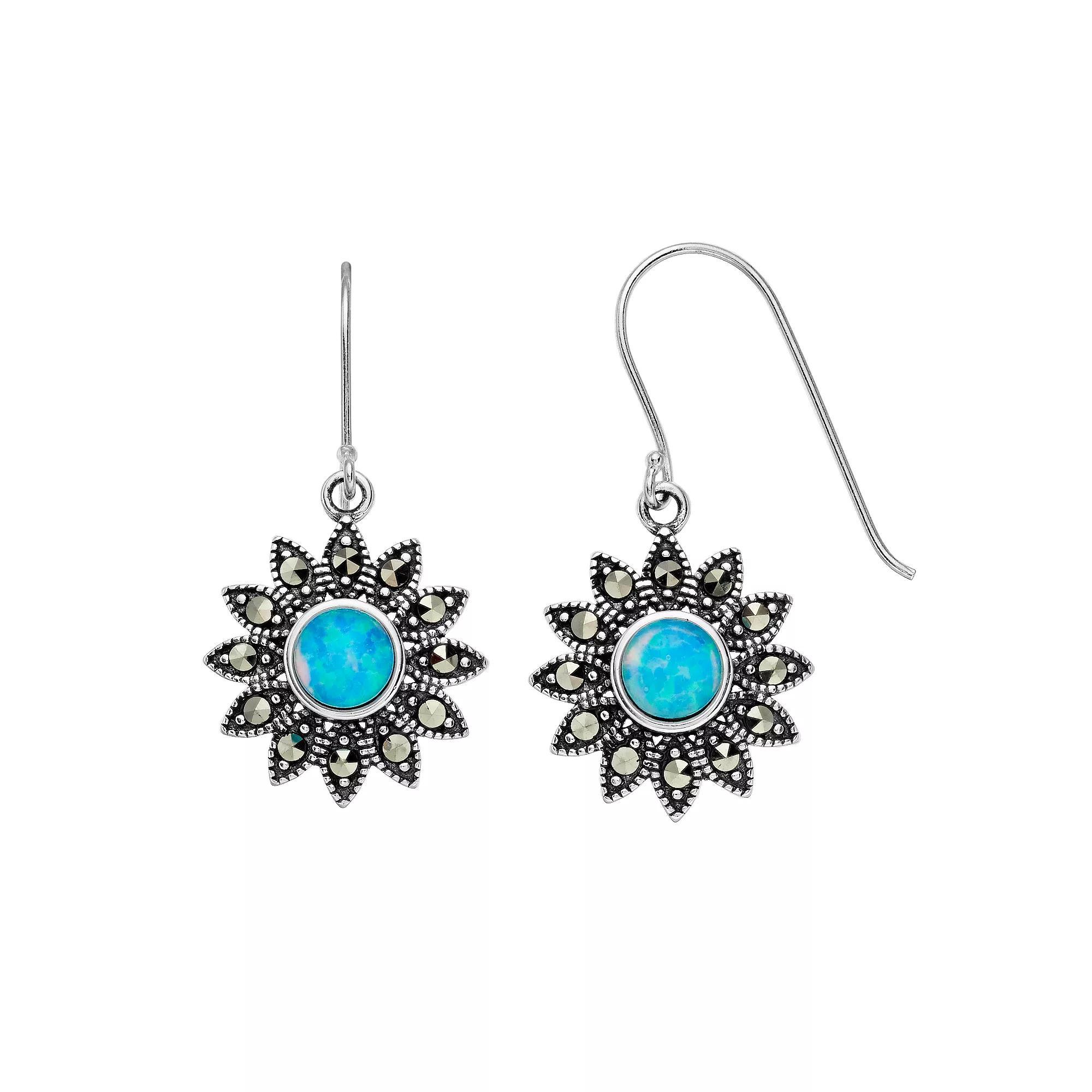 Tori Hill Sterling Silver Marcasaite & Simulated Blue Opal Flower Drop Earrings, Women's Product Image