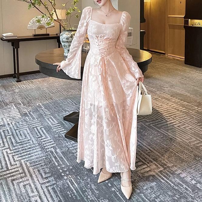 Bell Sleeve Square Neck Floral Patterned Lace Up Maxi A-Line Dress Product Image