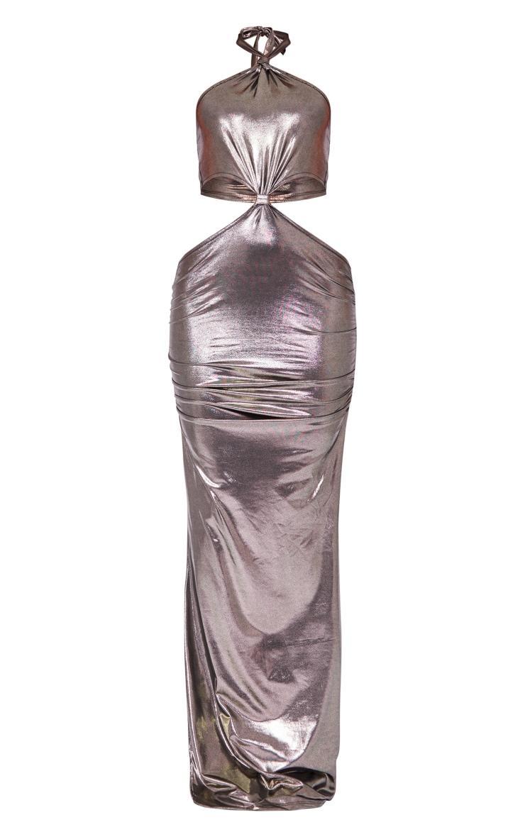 Silver Grey Metallic Slinky Halterneck Cut Out Ruched Maxi Dress Product Image