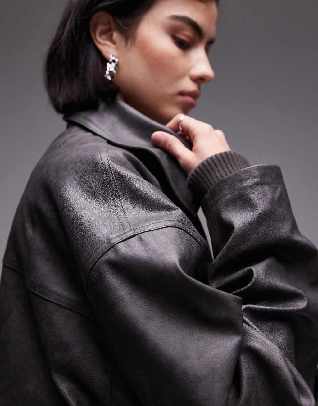 Topshop faux leather bomber jacket in washed black Product Image