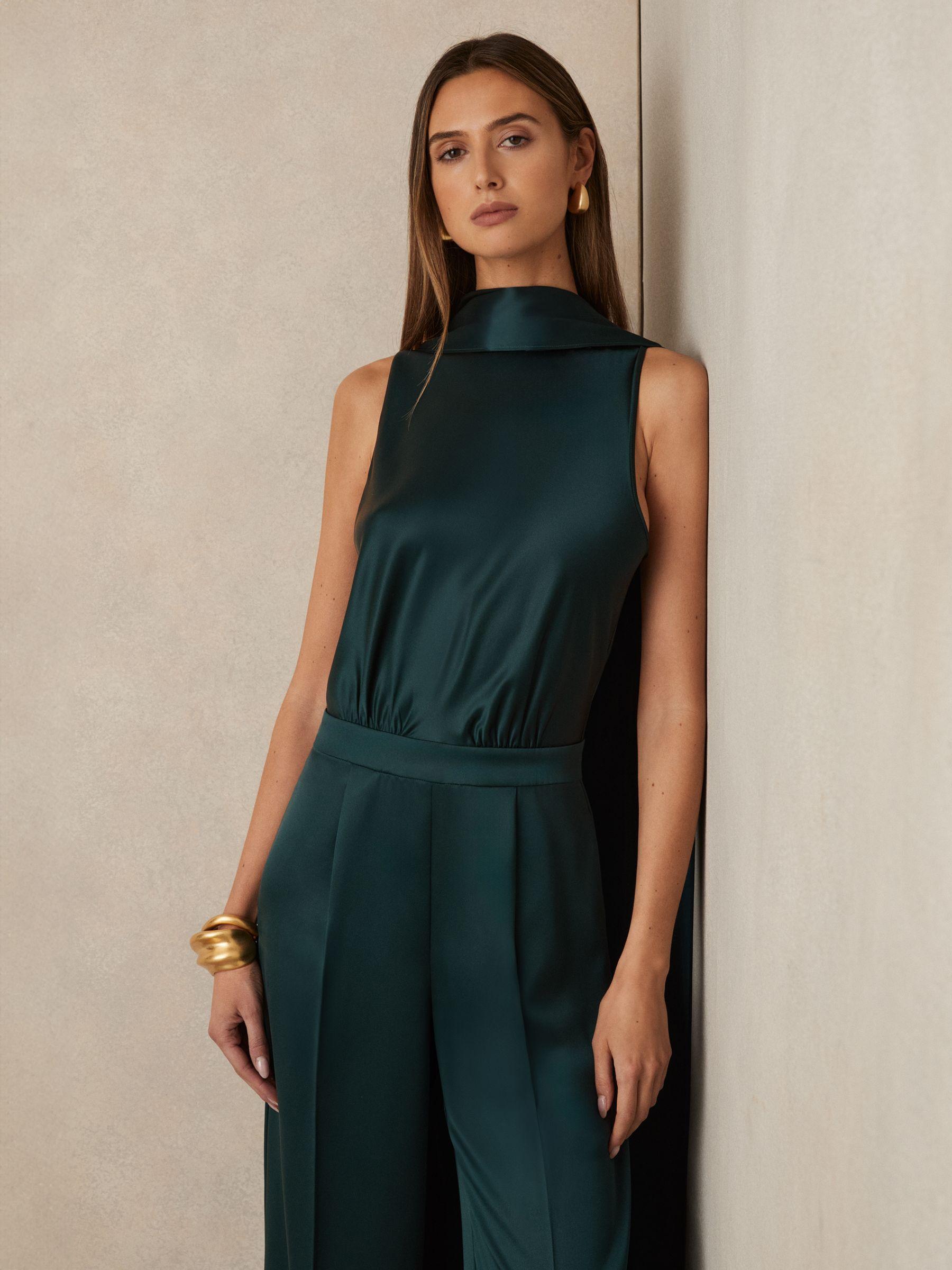 Satin Cape-Sash Jumpsuit in Teal Green Product Image