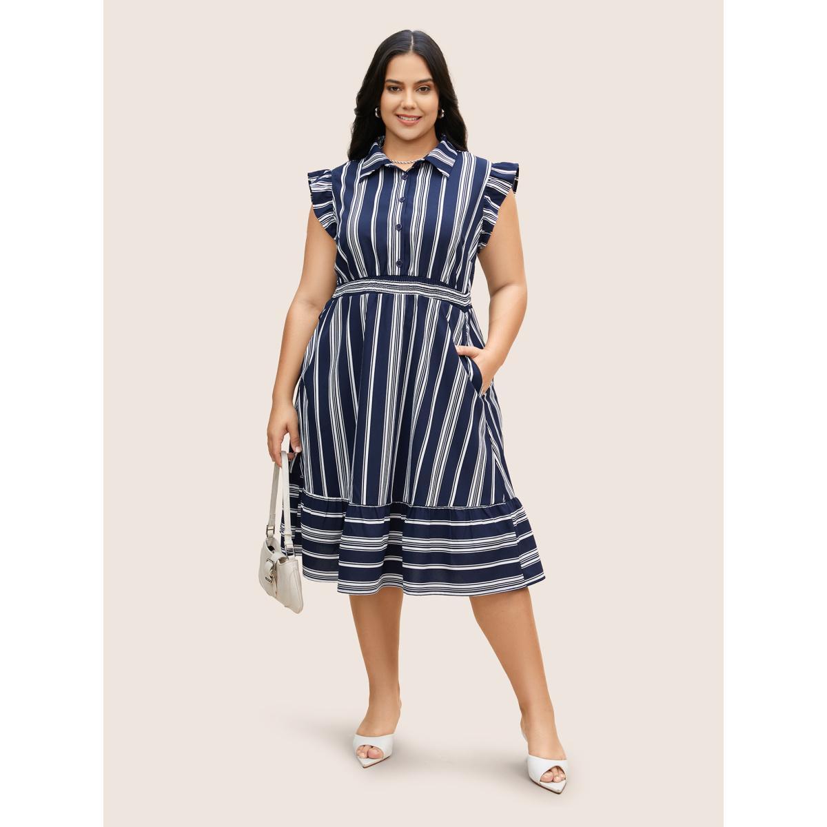 Plus Size Shirt Collar Striped Ruffle Cap Sleeve Dress Navy Women At the Office Shirt collar Cap Sleeve Curvy BloomChic 18-20/2X Product Image