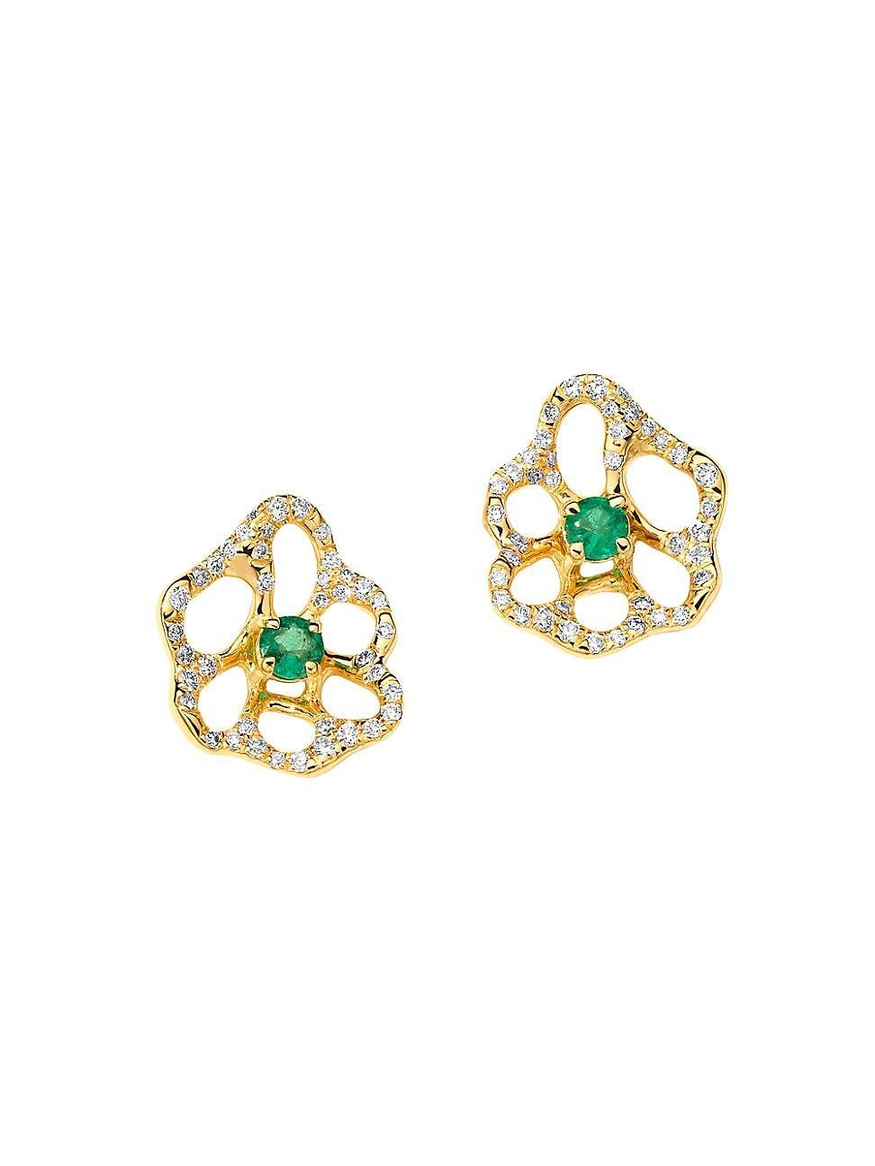 18K Stardust Drizzle Mini Flower Stud Earrings with Green Emerald and Diamonds Product Image