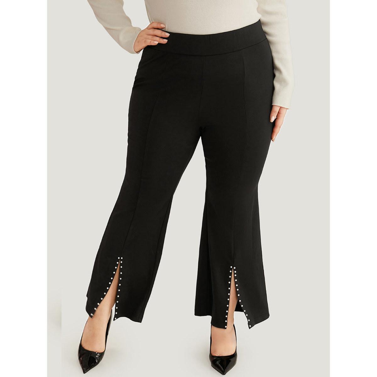 Plus Size Bootcut Pearl Beaded Split Front Pants Women Black Office Flare Leg High Rise Work Pants BloomChic 18-20/2X Product Image