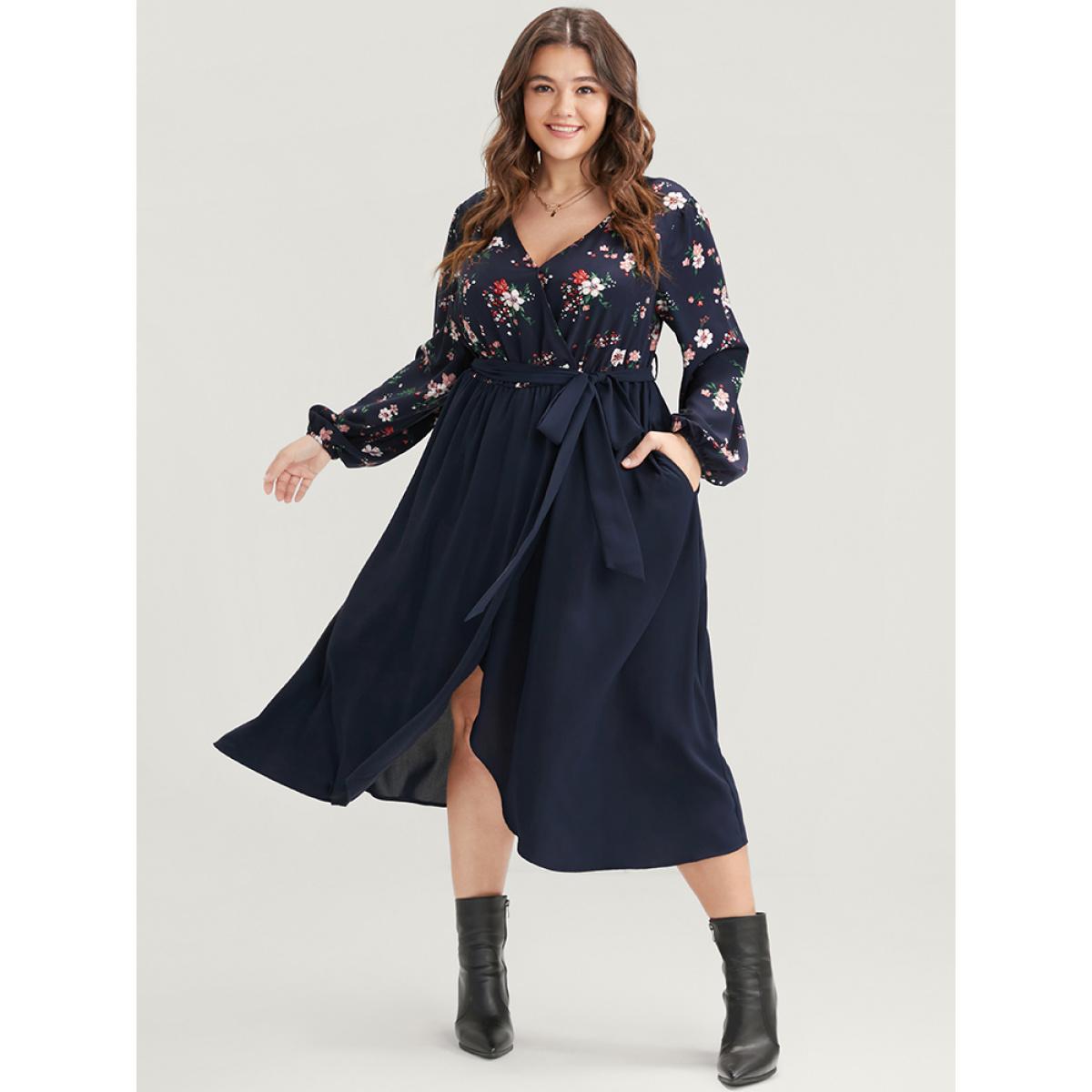 Plus Size Floral Print Wrap Pocket Belted Split Dress DarkBlue Women Elegant Elastic Waist V-neck Long Sleeve Curvy Midi Dress BloomChic 30/6X Product Image