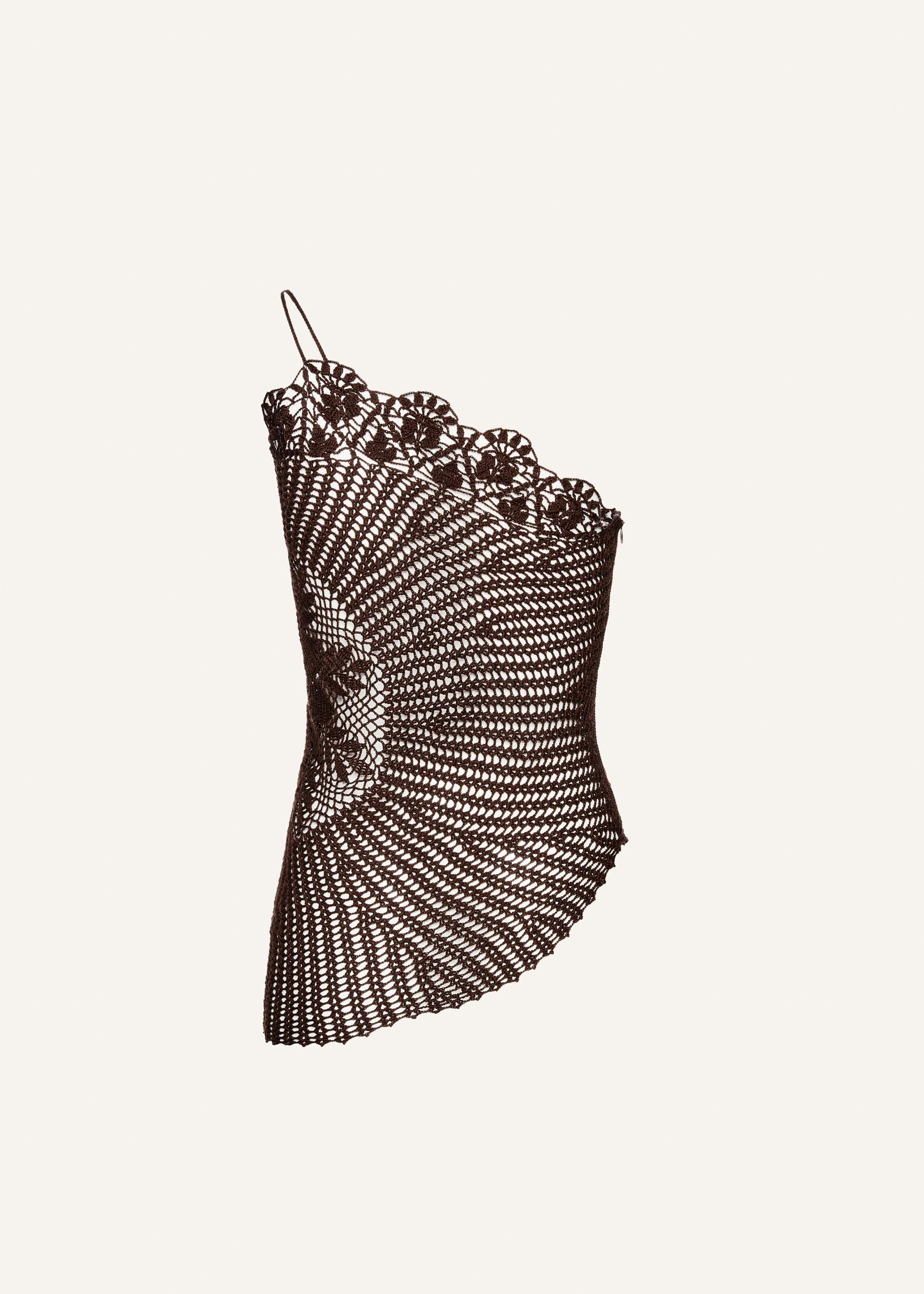 Lace crochet one shoulder top in brown Product Image