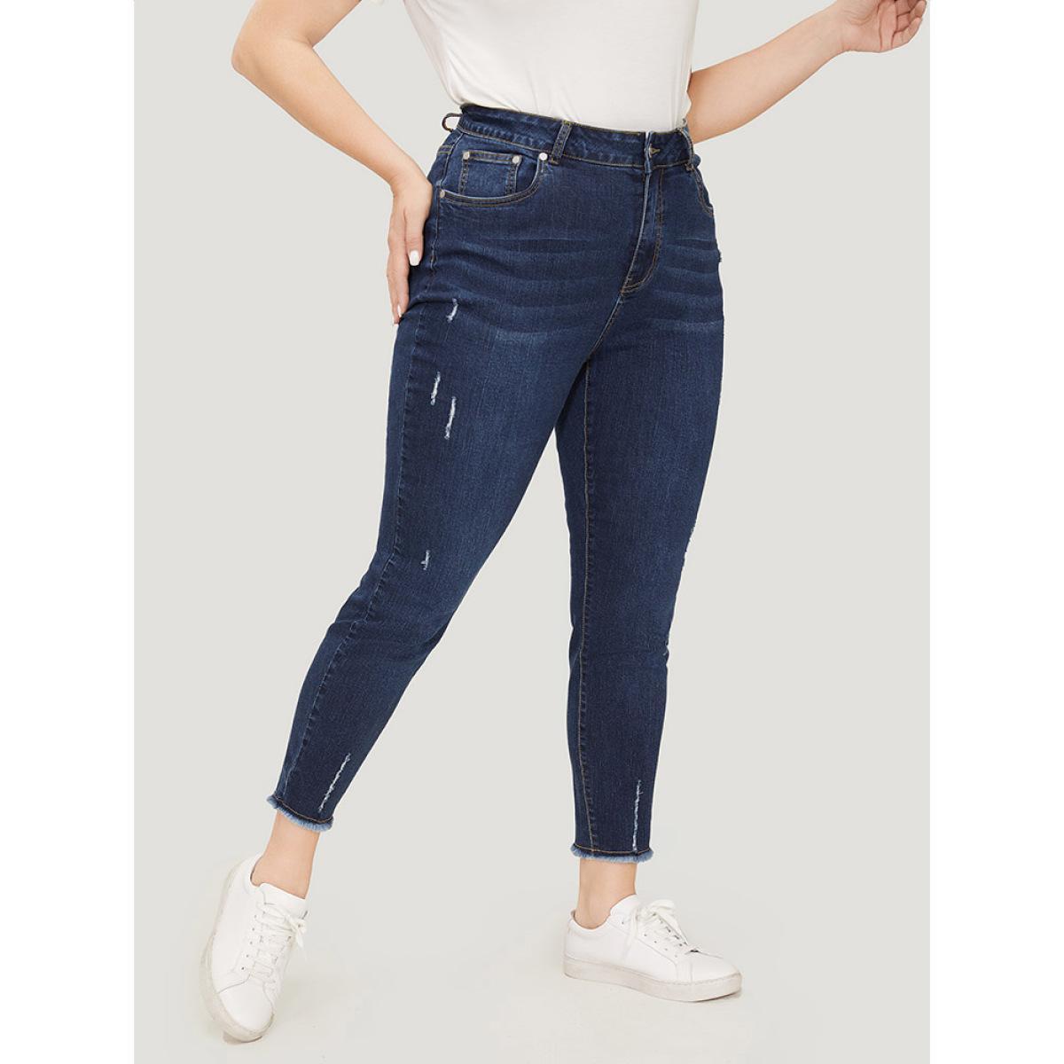 Plus Size Straight Leg Very Stretchy Raw Hem Jeans Women DarkBlue Casual Plain High stretch Pocket Jeans BloomChic 12/L Product Image
