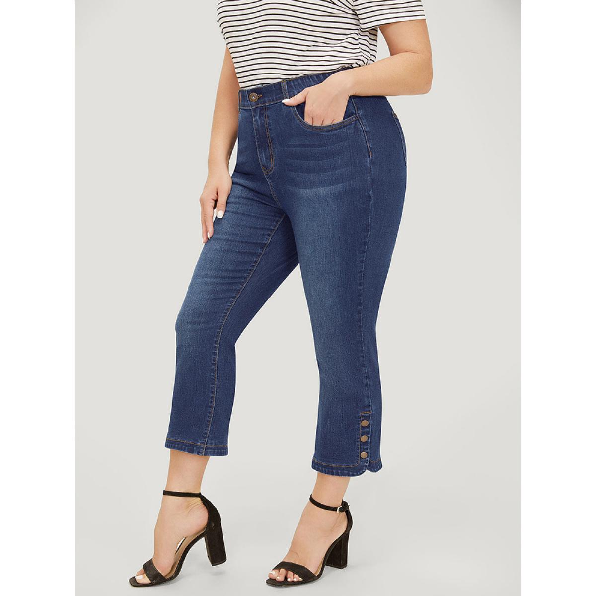 Plus Size Bootcut Very Stretchy High Rise Dark Wash Button Side Jeans Women DarkBlue Casual Plain Button High stretch Pocket Jeans BloomChic 22/3X Product Image
