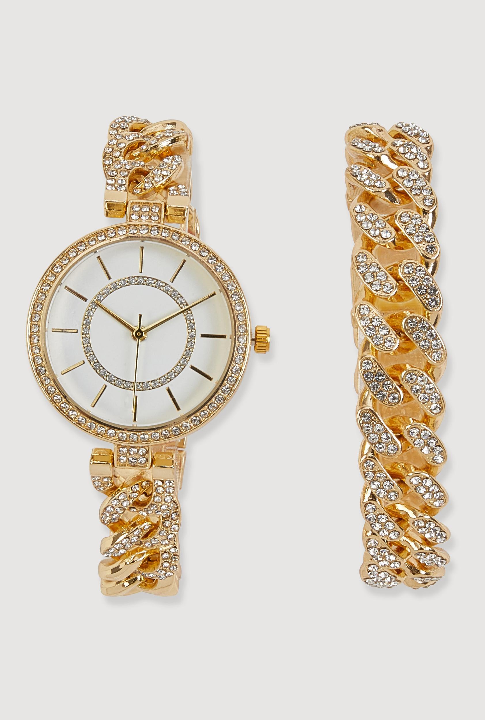 Rhinestone Studded Watch and Chain Bracelet Set Female Product Image
