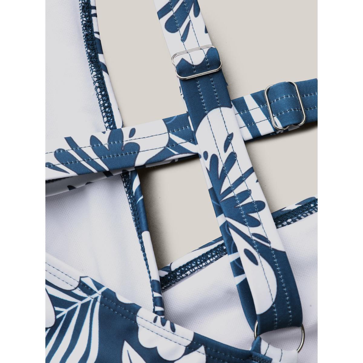 Plus Size Tropical Flower Print Gathered One-Piece Swimsuit Women's Swimwear Cerulean Beach Gathered Curve Bathing Suits High stretch One Pieces BloomChic 12/L Product Image