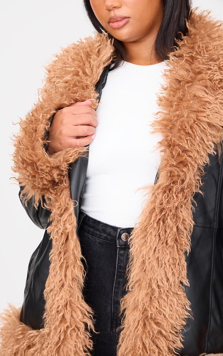 Plus Black Faux Mongolian Fur Trim Faux Leather Jacket Product Image