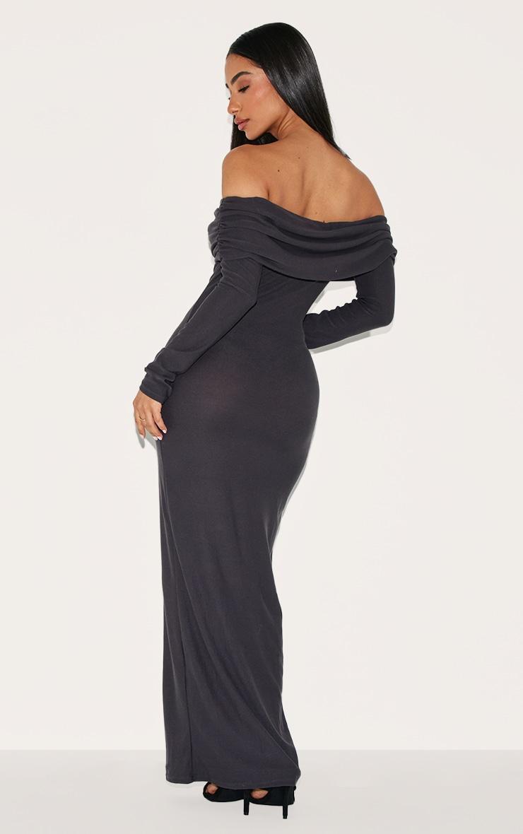 Petite Charcoal Soft Touch Bardot Long Sleeve Maxi Dress Product Image
