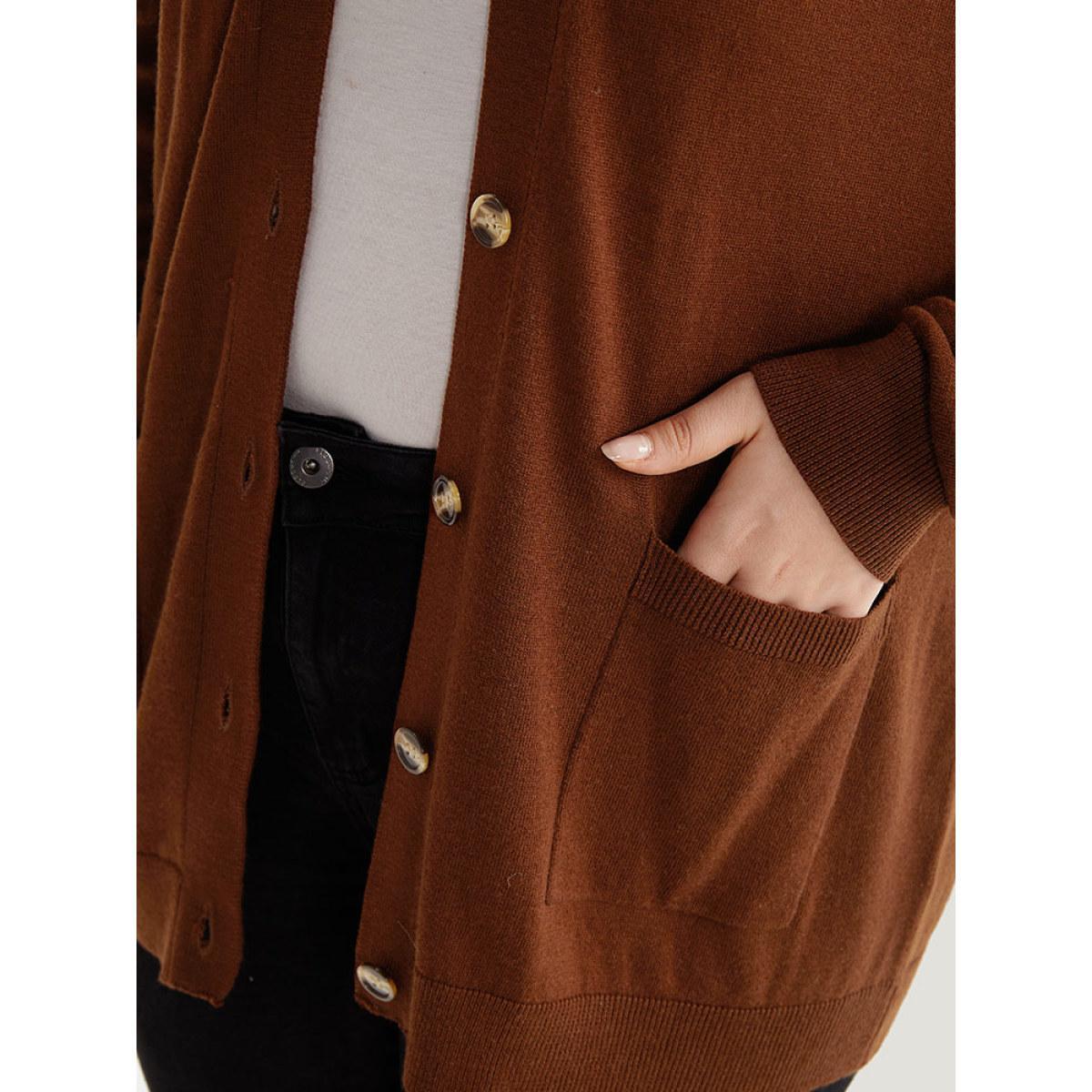 Plus Size Supersoft Essentials Button Up Patched Pocket Cardigan Maroon Women Casual Loose Long Sleeve Everyday Cardigans BloomChic 26/4X Product Image