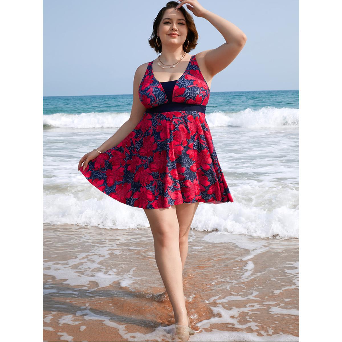 Plus Size Tropical Printed Patchwork Ruffle Swim Dress Women's Swimwear Red Vacation Bodycon V-neck High stretch Curve Swim Dresses BloomChic 18-20/2X Product Image