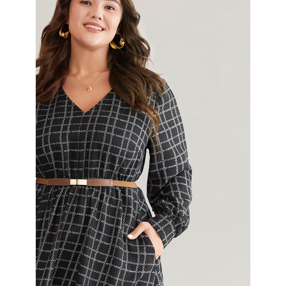 Plus Size Gingham Gingham Patchwork Pocket Gathered Dress Black Women Office Contrast V-neck Long Sleeve Curvy Midi Dress BloomChic 12/L Product Image