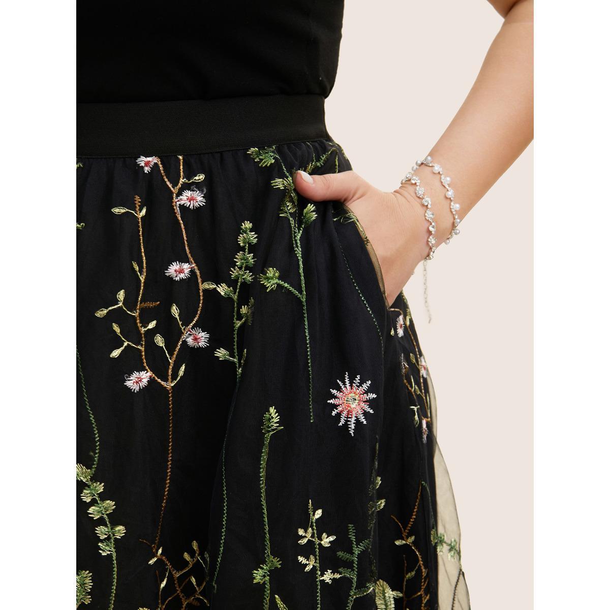 Plus Size Floral Embroidered Mesh Elastic Waist Pocket Skirt Women Black Formal Embroidered No stretch Side seam pocket Party Skirts BloomChic 22-24/3X Product Image