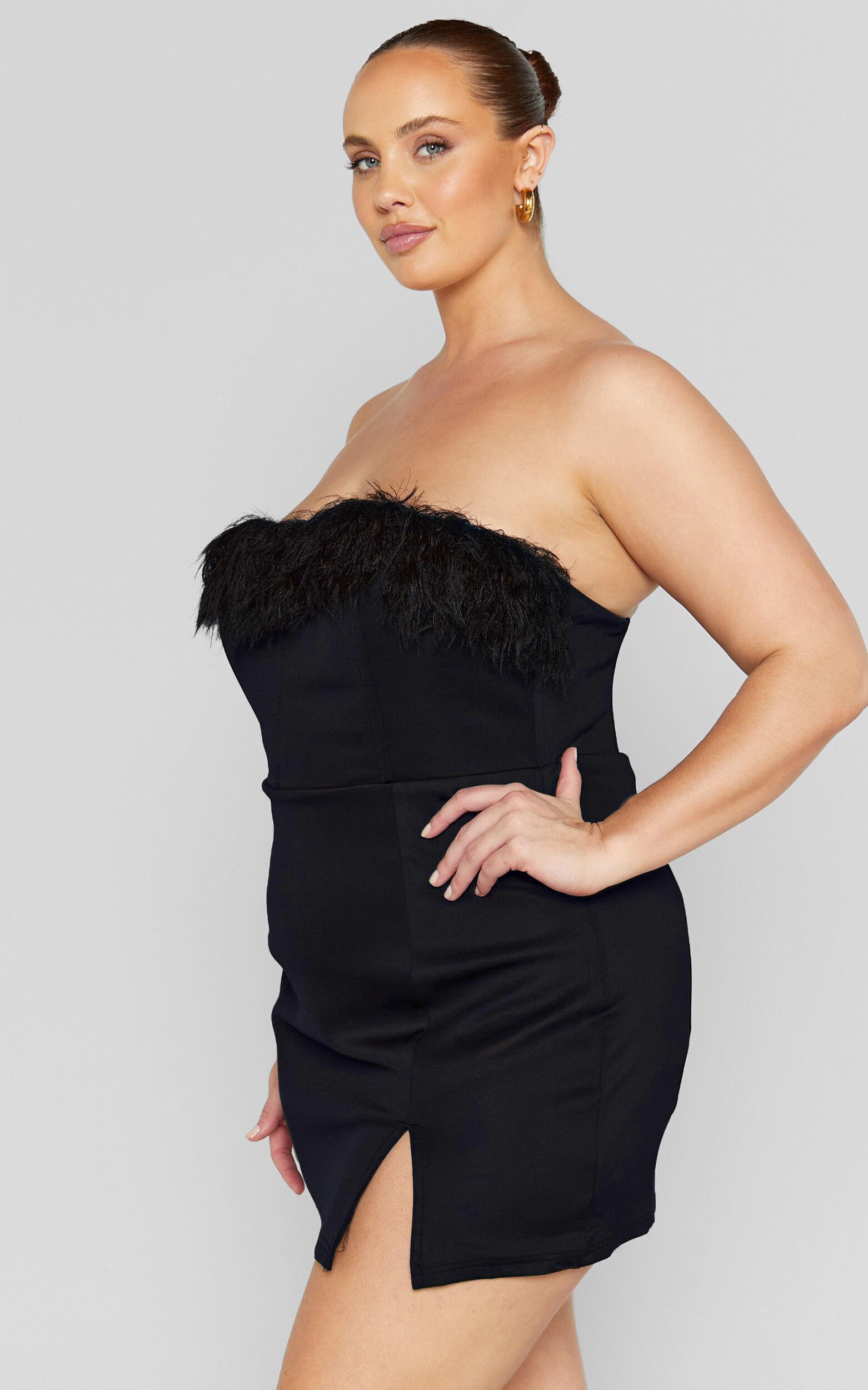 Rhaiza Mini Dress - Faux Feather Trim Strapless Dress in Black Product Image