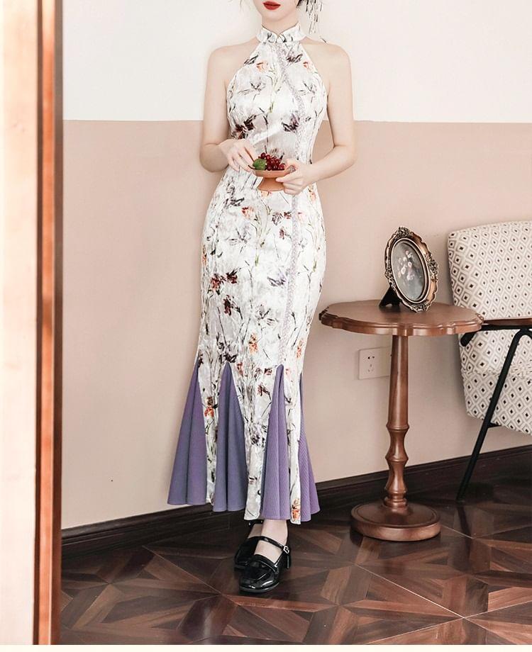 Set: Sleeveless Mandarin Collar Floral Print Panel Maxi Mermaid Dress + Long Sleeve One Shoulder Plain Plain Crop Top Product Image