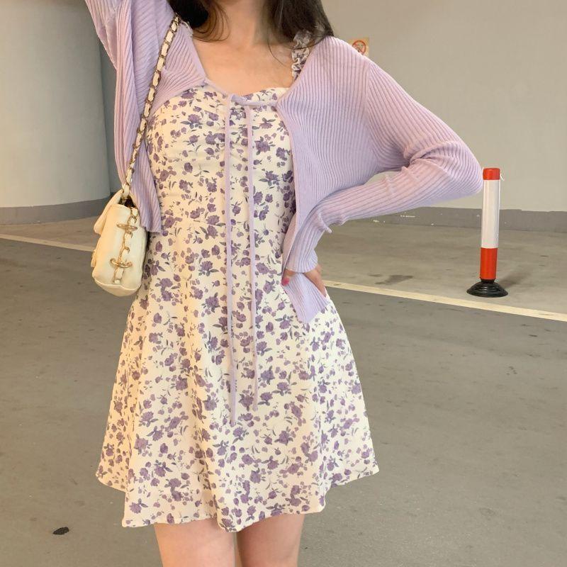 Spaghetti-Strap Floral Print Mini Dress / Cardigan Product Image