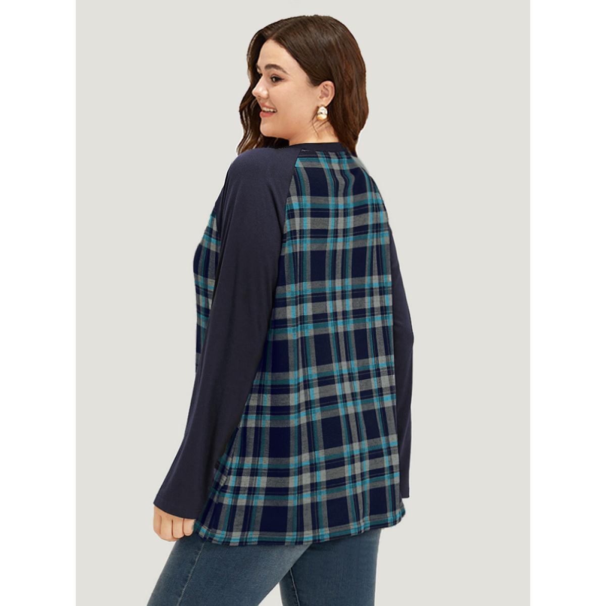 Plus Size Plaid Raglan Sleeve Crew Neck T-shirt Red Women Casual Patchwork Plaid Round Neck Dailywear T-shirts BloomChic 10/M Product Image