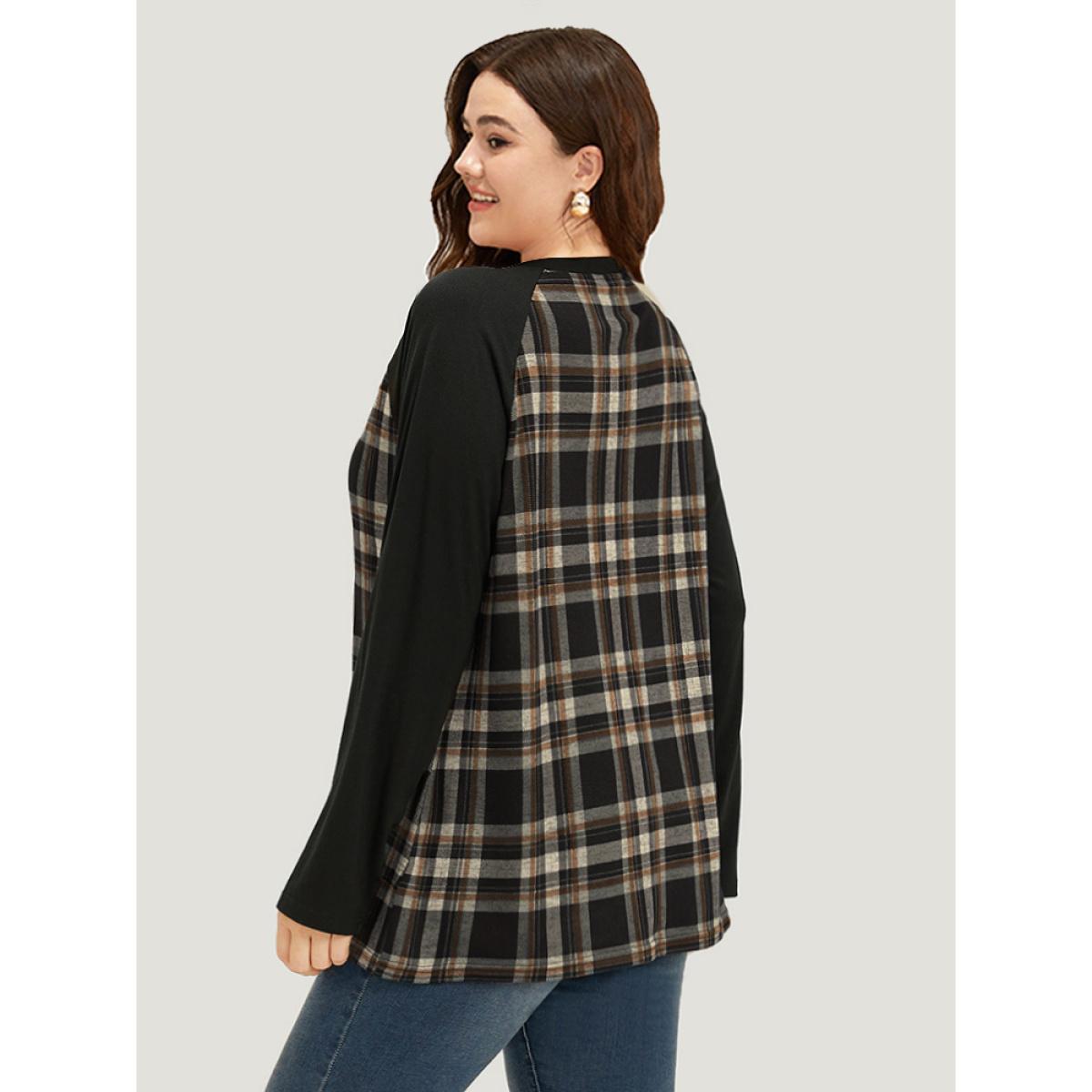 Plus Size Plaid Raglan Sleeve Crew Neck T-shirt Red Women Casual Patchwork Plaid Round Neck Dailywear T-shirts BloomChic 10/M Product Image