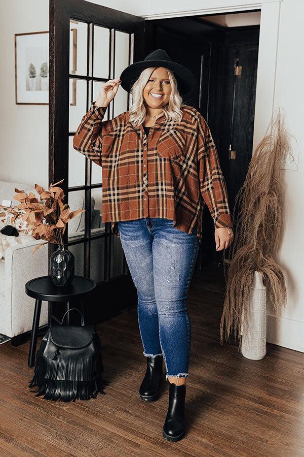 Wait List Plaid Top In Dark Camel Curves Product Image