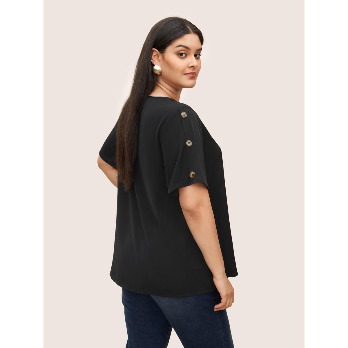 Plus Size Black Plain Round Neck Button Detail Blouse Women Casual Short sleeve Round Neck Everyday Blouses BloomChic 22-24/3X Product Image