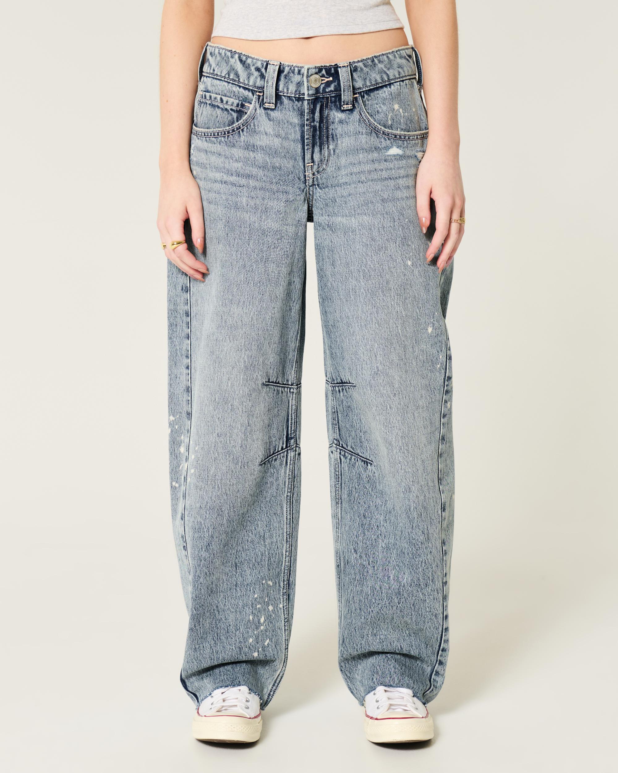 Low-Rise Light Wash Paint Splatter Barrel Jeans Product Image