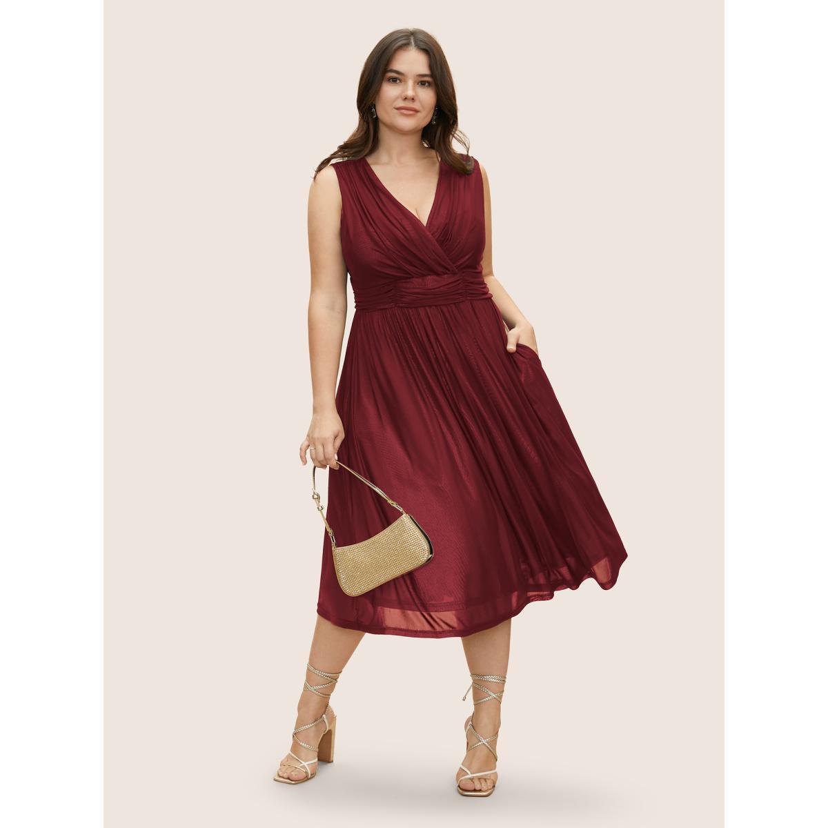 Plus Size Solid Mesh Ruched Midi Tank Dress Burgundy Women Cocktail V-neck Sleeveless Curvy BloomChic 12/L Product Image