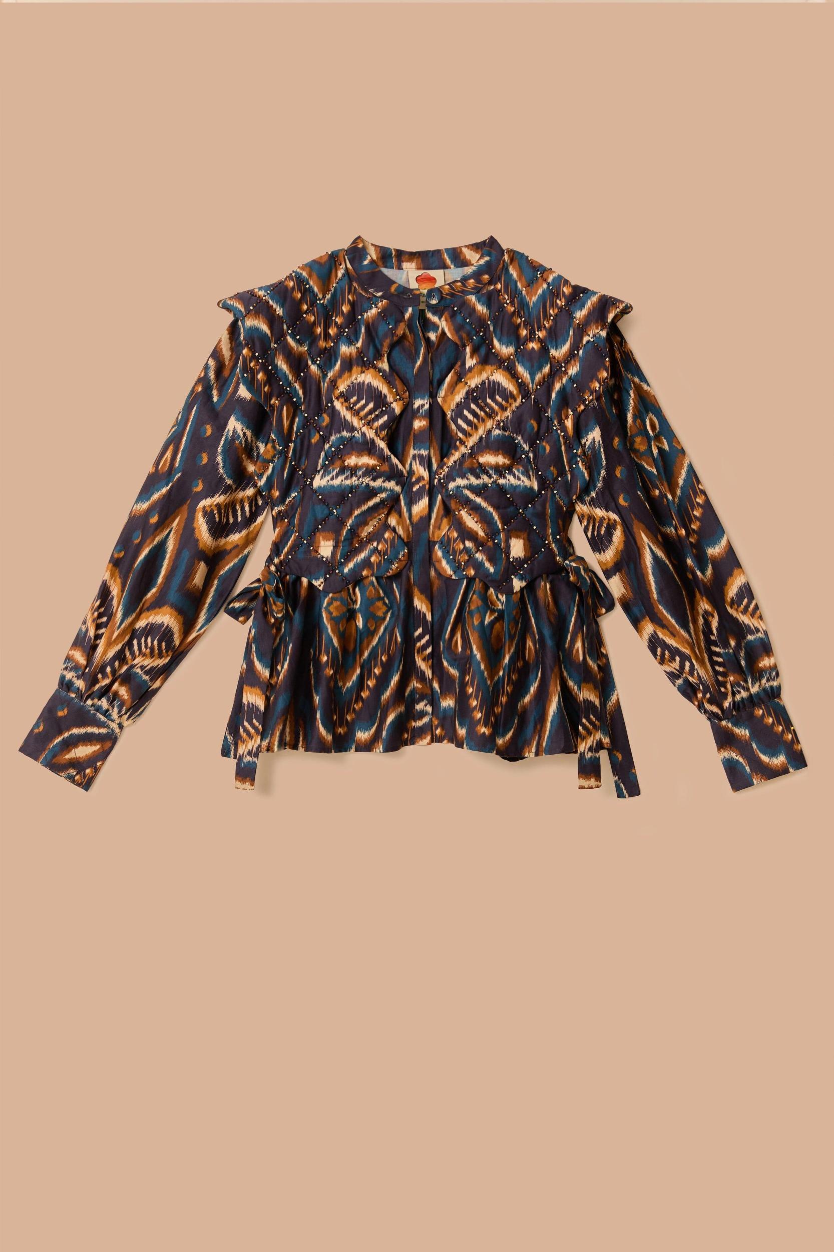 Blue Pineapple Ikat Long Sleeve Matelasse Blouse, PINEAPPLE IKAT BLUE / XXS Product Image