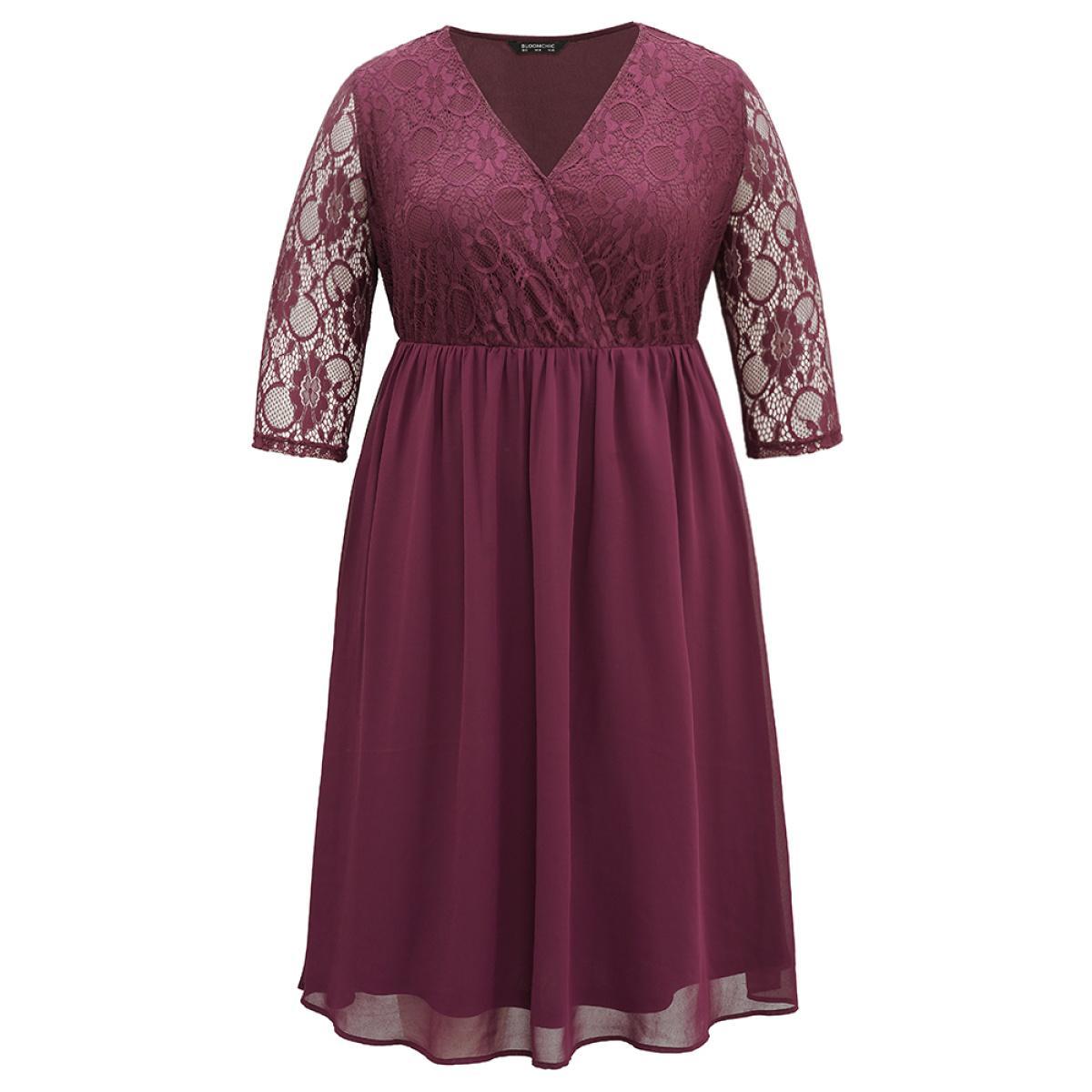 Plus Size Chiffon Crochet Lace Mesh Surplice Neck Dress Burgundy Women Elegant Texture Overlap Collar Elbow-length sleeve Curvy Midi Dress BloomChic 14-16/1X Product Image