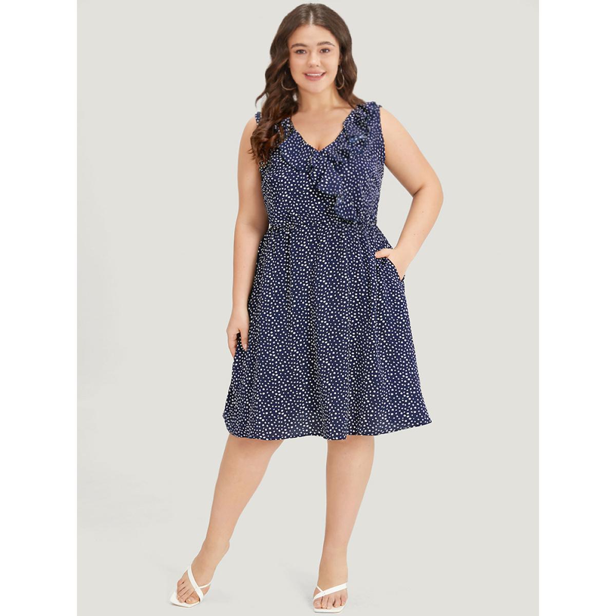 Plus Size Polka Dot Ruffle Trim V Neck Sleeveless Dress DarkBlue Women Elegant Pocket V-neck Sleeveless Curvy Knee Dress BloomChic 18-20/2X Product Image