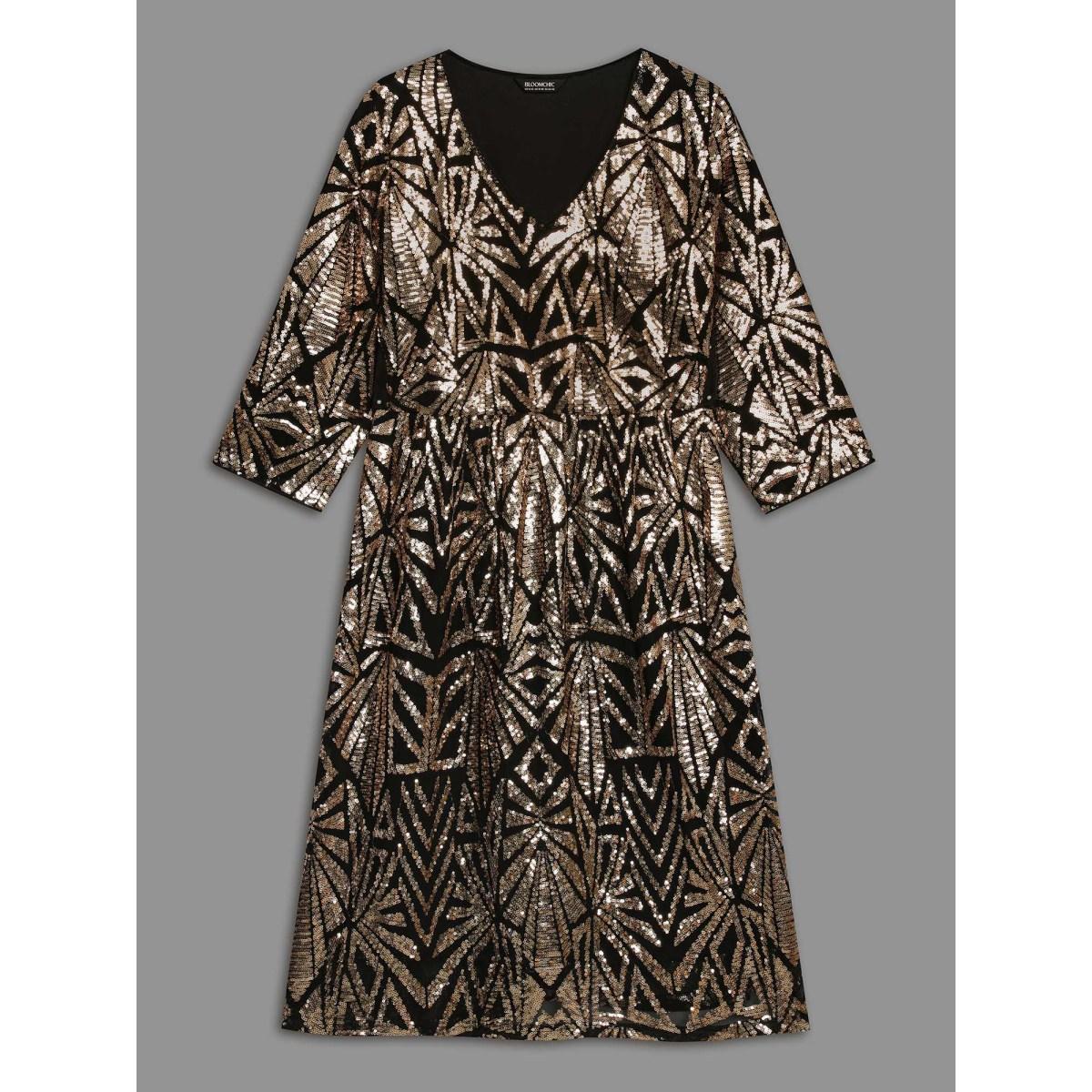 Plus Size Sequin V-Neck Elastic Waist Dress Black Women Cocktail Texture Party Curvy Bloomchic 30/6X Product Image