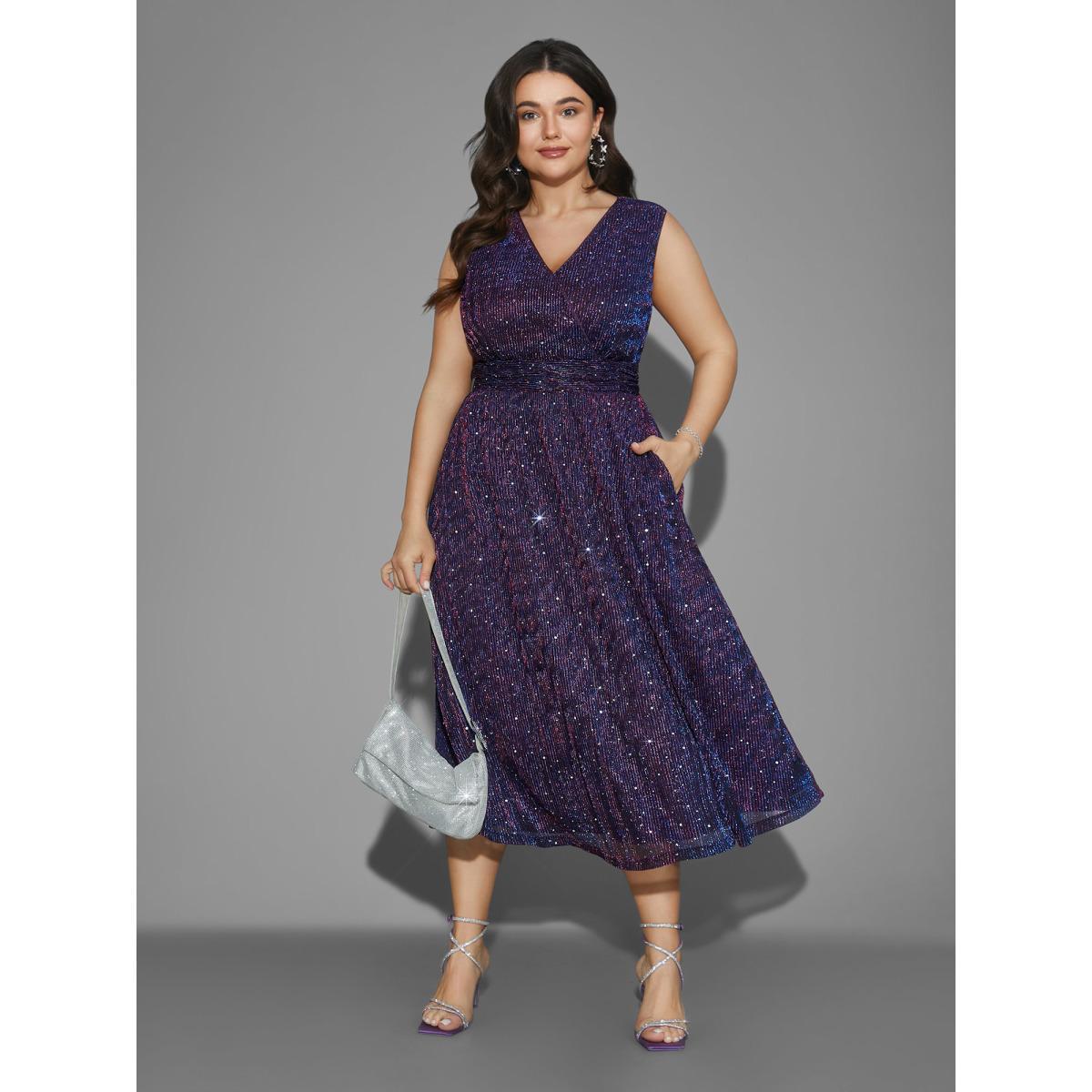 Plus Size Sequin Surplice Neckline Sleeveless Midi Dress Deeppurplered Women Cocktail Texture Party Curvy Bloomchic 26/4X Product Image