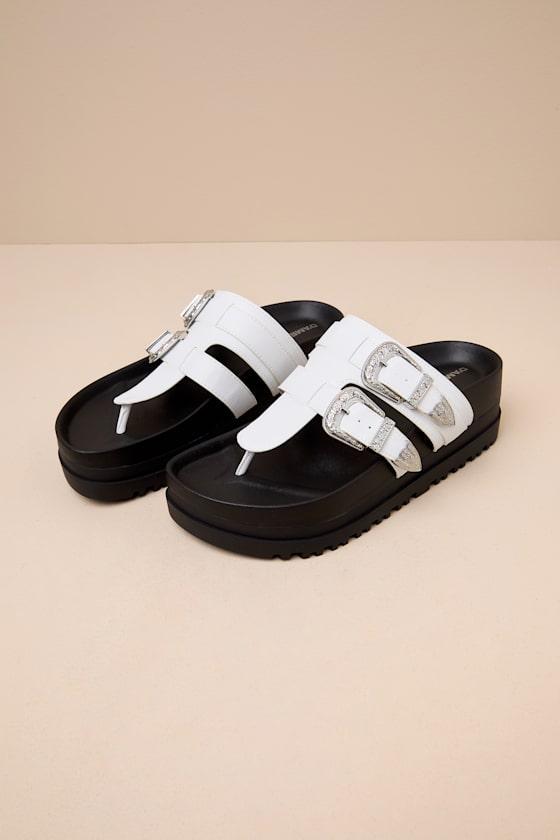 Nyra Bright White Faux Leather Thong Buckle Flatform Sandals Product Image