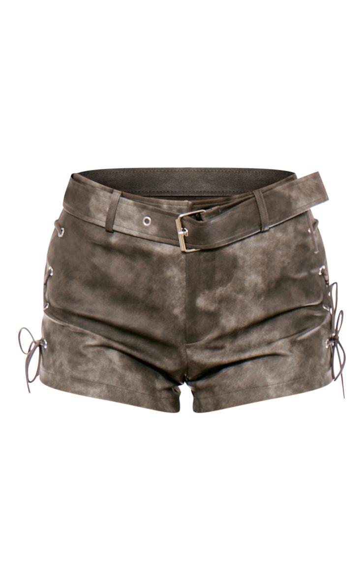 Charcoal Washed Faux Leather Belt Detail Low Rise Hot Pants Product Image