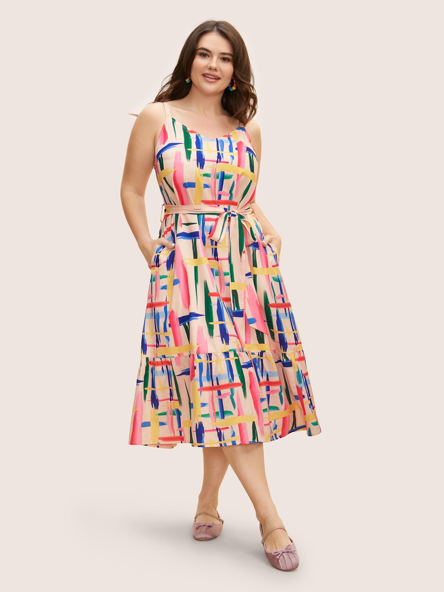 Plus Size Colored Brush Print Belted Midi Cami Dress Multicolor Women Casual Belted V-neck Sleeveless Curvy BloomChic 30/6X Product Image