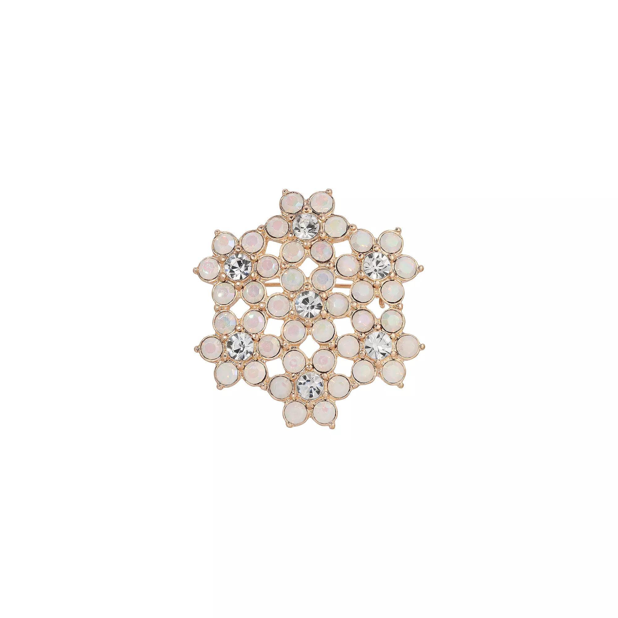 1928 Gold Tone Simulated White Opal Crystal Flower Brooch, Womens Product Image